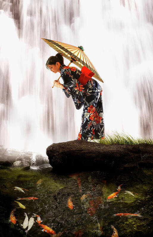 Tranquility Art Print featuring the photograph Asian Woman In Geisha Dress Holding by Colin Anderson Productions Pty Ltd