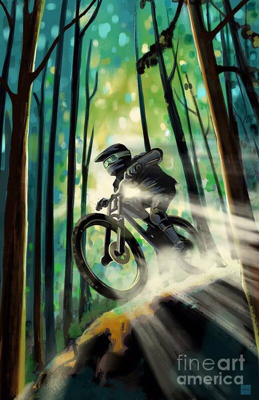 Mountain Bike Art Print featuring the painting Forest jump mountain biker by Sassan Filsoof