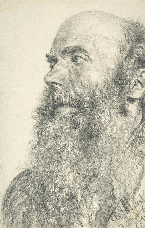 19th Century Art Art Print featuring the drawing Head of a Bearded Man by Adolph Menzel