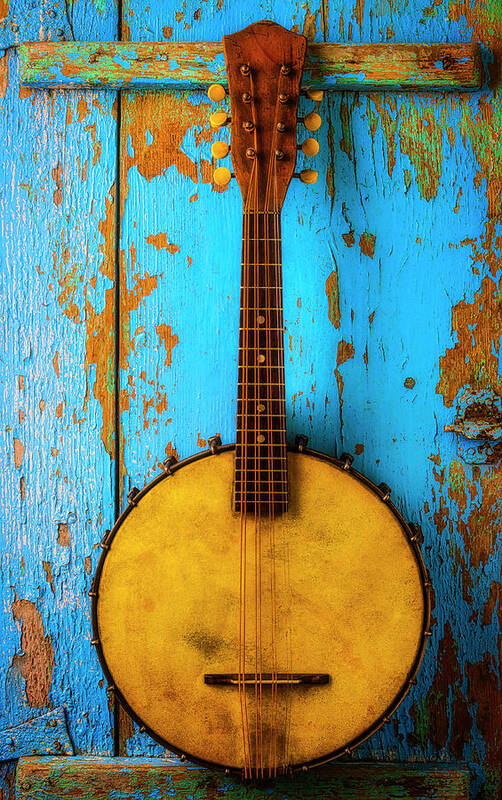 American Art Print featuring the photograph Old Banjo On Blue Wall by Garry Gay
