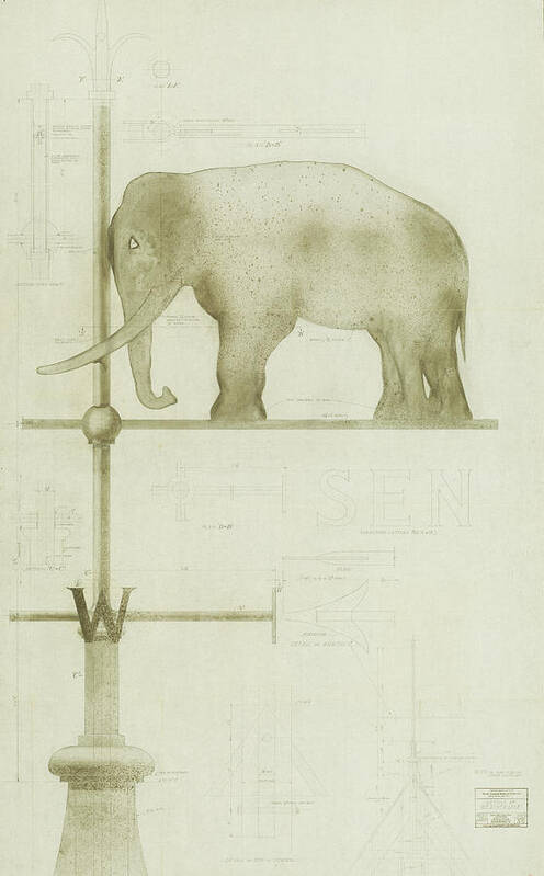 Elephant Art Print featuring the drawing Pachyderm House, Philadelphia Zoo, detail of weather vane by Paul Philippe Cret