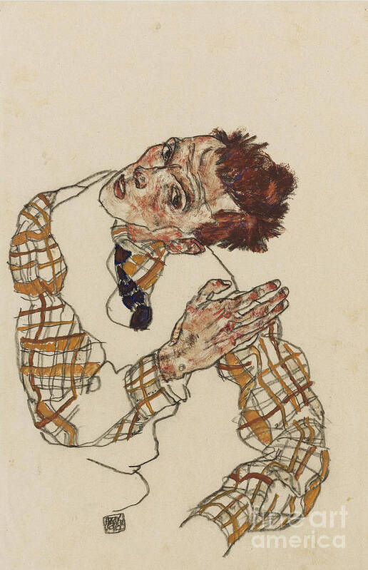 Gouache Art Print featuring the drawing Self-portrait With Checkered Shirt, 1917 by Heritage Images