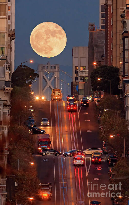 Supermoon Art Print featuring the photograph Supermoon At California Street by Spondylolithesis