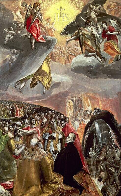 Alvise Mocenigo (1577) Art Print featuring the painting The Adoration of the Name of Jesus - 16th century -. EL GRECO . Pope Pius V . PHILIP II OF SPAIN. by El Greco -1541-1614-
