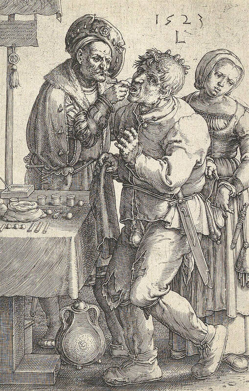 16th Century Art Art Print featuring the relief The Dentist by Lucas van Leyden