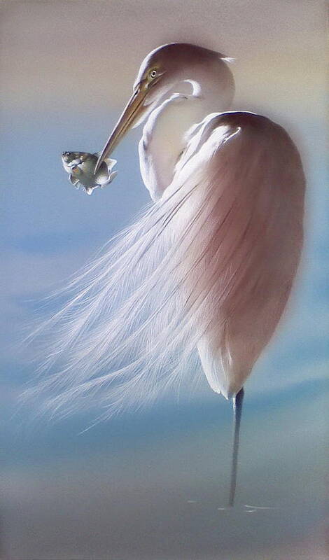 Russian Artists New Wave Art Print featuring the painting White Heron with Fish by Alina Oseeva