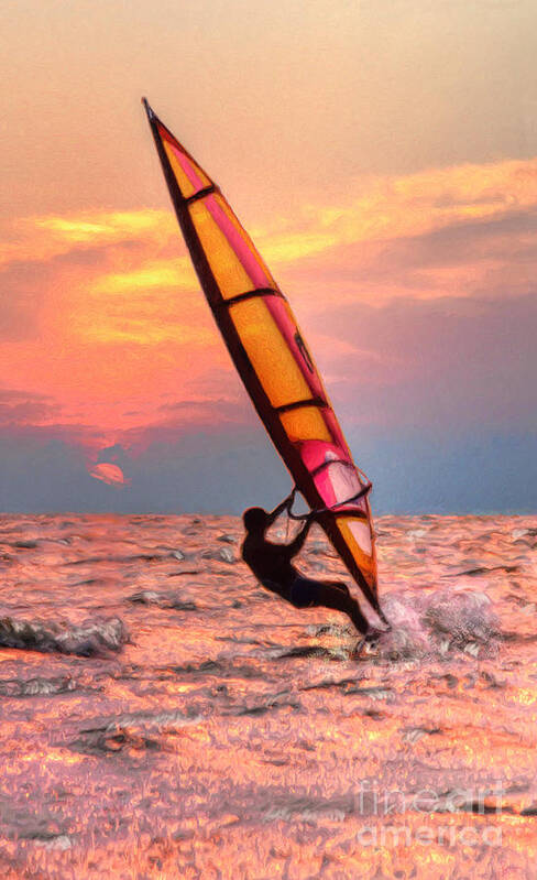 Windsurfing Art Print featuring the digital art Windsurfing At Sunrise by Jeff Breiman