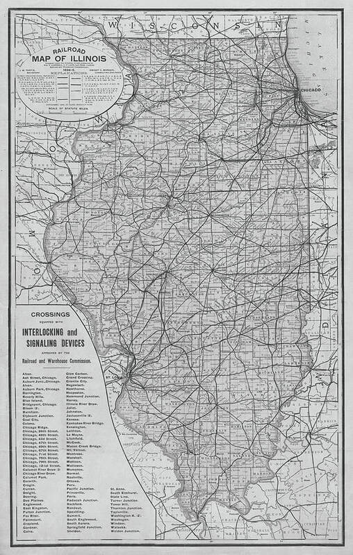 1885 Art Print featuring the photograph 1895 Historical Railroad Map of Illinois Black and White Map by Toby McGuire