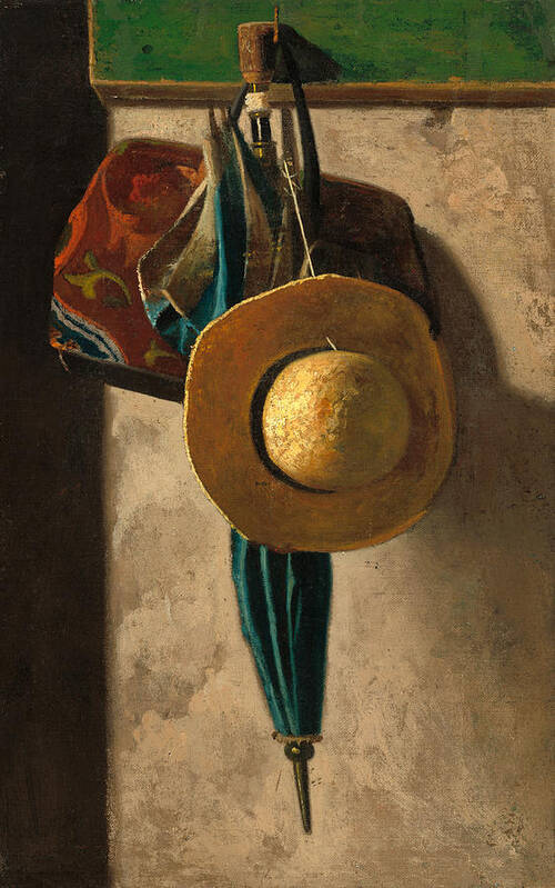 John Frederick Peto Art Print featuring the painting Straw Hat, Bag, and Umbrella #6 by John Frederick Peto
