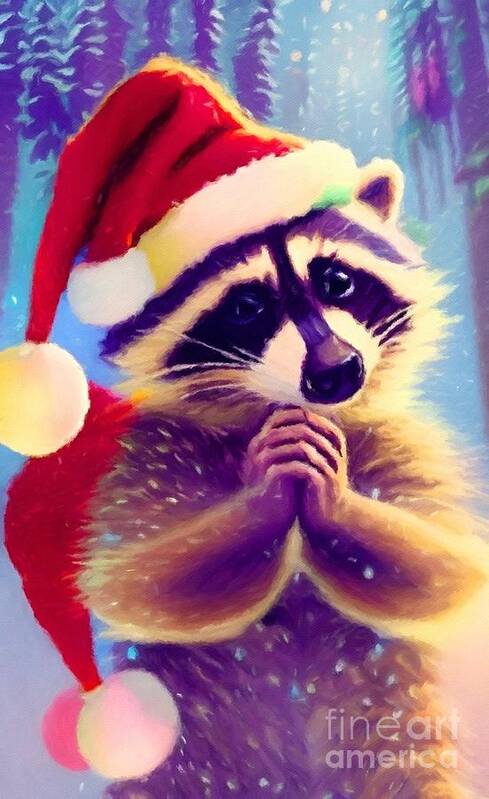 Baby Art Print featuring the digital art Baby Raccoon Christmas by Laurie's Intuitive