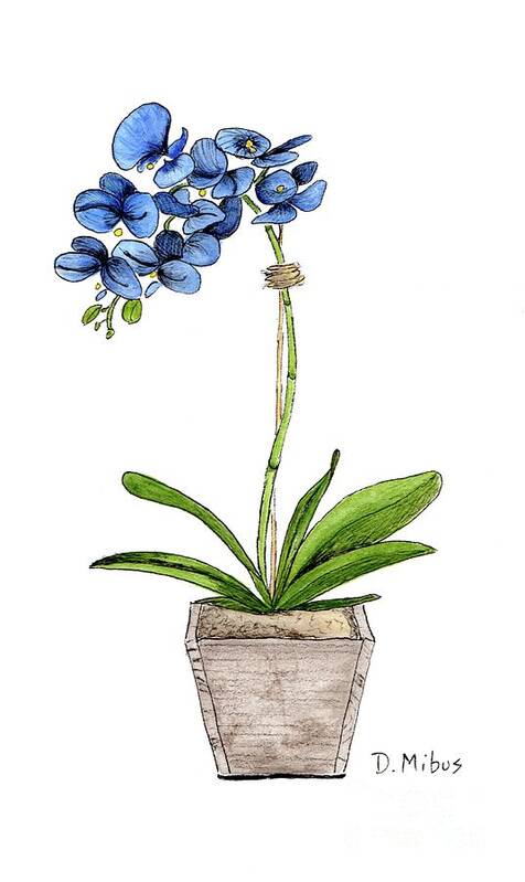 Blue Mystique Orchids Art Print featuring the painting Blue Mystique Orchids in Wood Planter by Donna Mibus