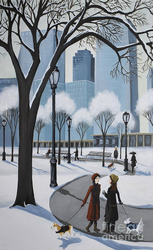 Central Park Art Print featuring the painting Central Park New York puppies dog by Debbie Criswell