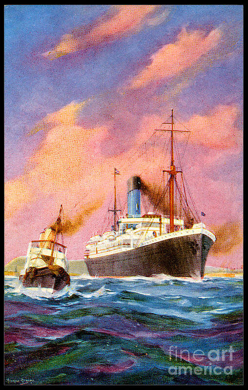 Cruiseship Art Print featuring the painting Cruise Ship Postcard with Tugboat ca 1920 by Unknown