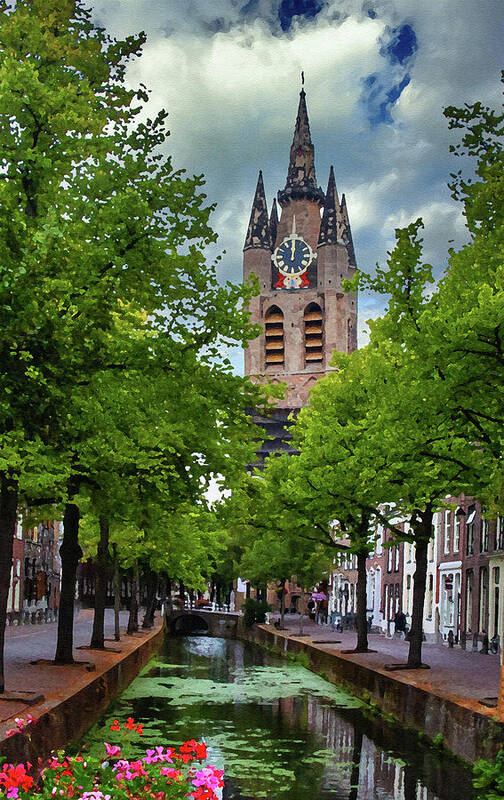 Delft Art Print featuring the digital art Delft Canal and Oude Kerke, Dry Brush on Sandstone by Ron Long Ltd Photography