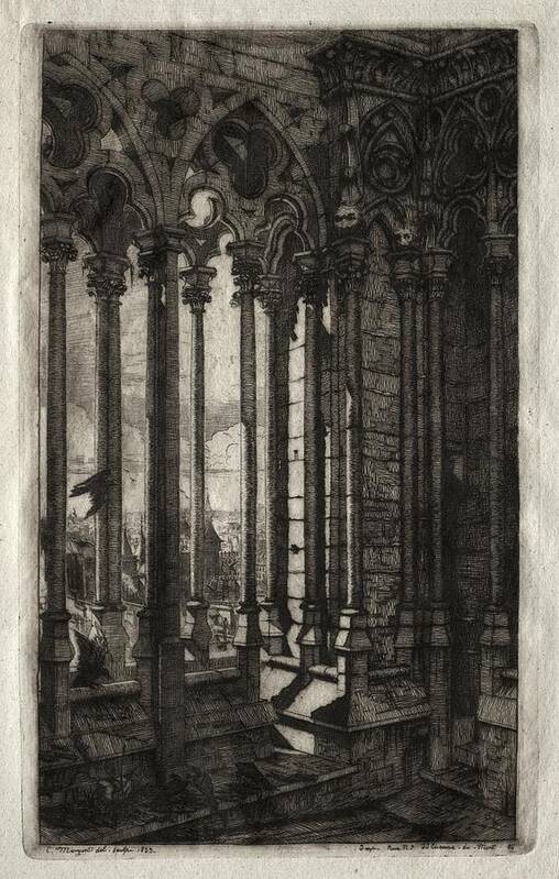 Etchings Of Paris The Gallery Of Notre Dame 1853 Charles Meryon Art Print featuring the painting Etchings of Paris The Gallery of Notre Dame 1853 Charles Meryon by MotionAge Designs