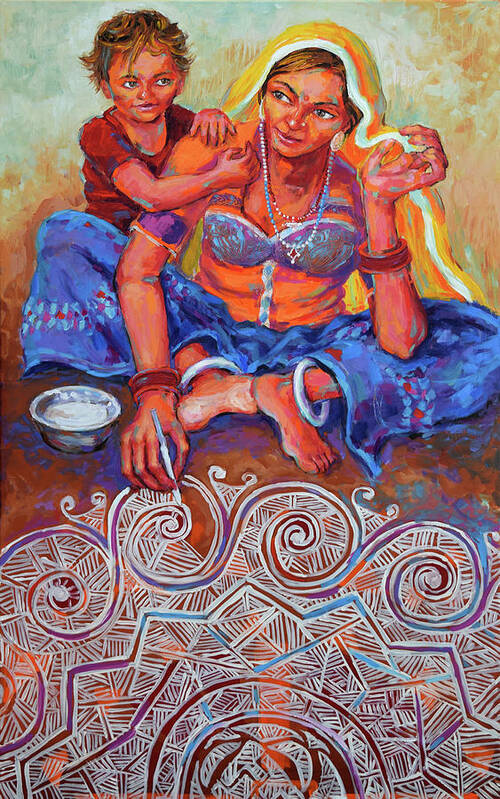 Mother And Child Art Print featuring the painting Festive Bliss, Rangoli by Jyotika Shroff