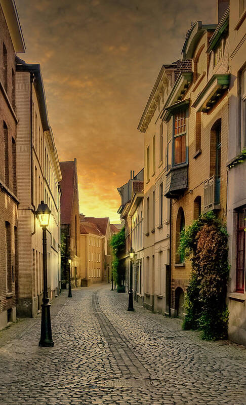 Ghent Art Print featuring the photograph Ghent, Belgium Sunset Street Scene by Ron Long Ltd Photography