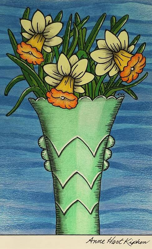 Jade-ite Art Print featuring the mixed media Jade-ite and Daffodils by Anne Hart Kiphen