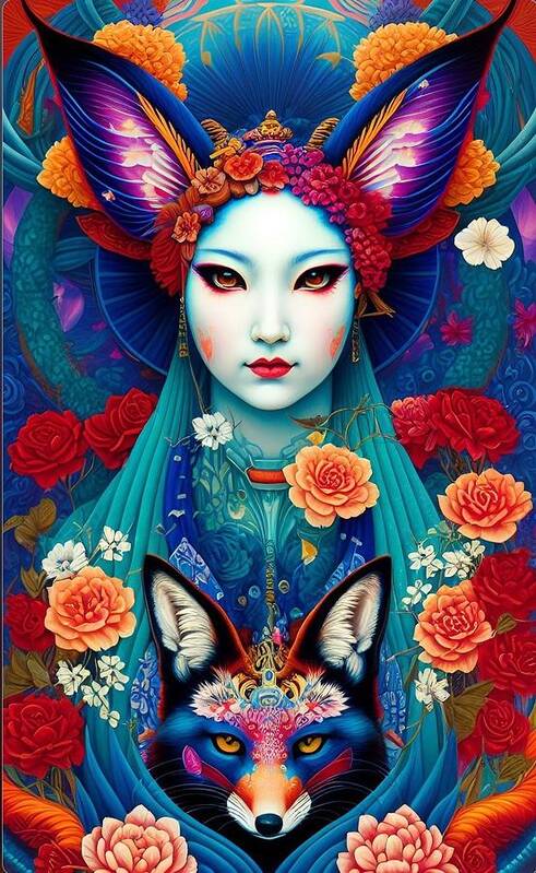 Kitsune Art Print featuring the digital art Kitsune 2 without borders by Denise F Fulmer