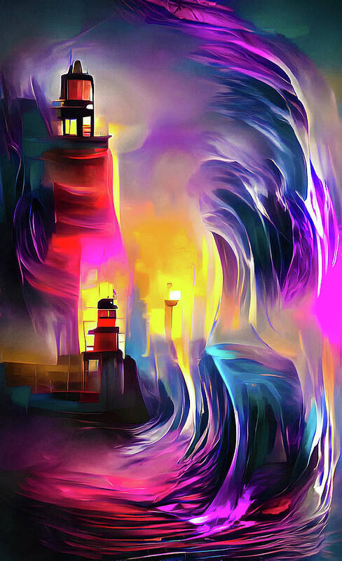 Lighthouse Art Print featuring the digital art Lighthouse 02 Huge Waves by Matthias Hauser