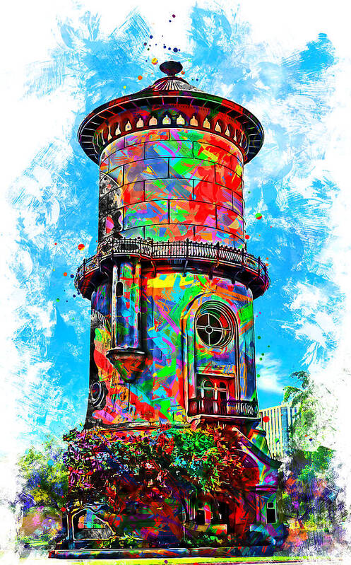Old Water Tower Art Print featuring the digital art Old Fresno Water Tower - colorful painting by Nicko Prints