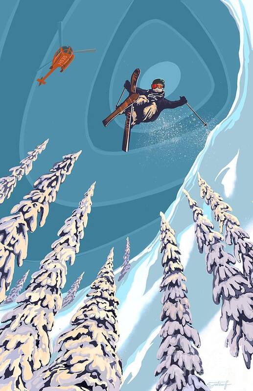 Retro Ski Art Art Print featuring the painting Retro Ski Jumper Heli Ski by Sassan Filsoof