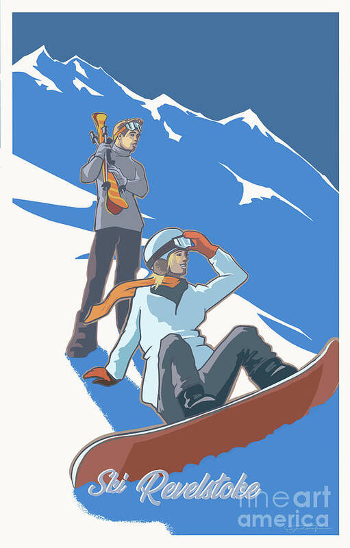 Winter Sports. Revelstoke Art Print featuring the painting Ski Revelstoke couple by Sassan Filsoof
