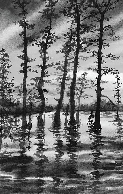 Forest Silhouette Art Print featuring the painting Spring Forest Trees Silhouette In Black White Gray Watercolor by Irina Sztukowski