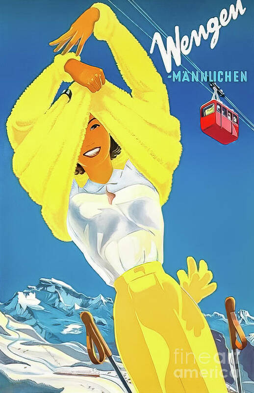 Mannlichen Art Print featuring the drawing Wengen Mannlichen Switzerland Vintage Ski Poster by M G Whittingham