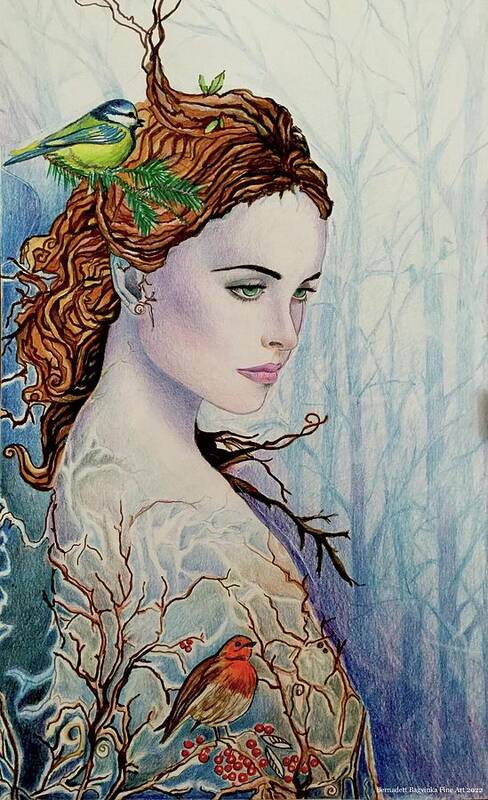Fairies Fantasy Forest Winter Art Print featuring the drawing Winter fairy by Bernadett Bagyinka
