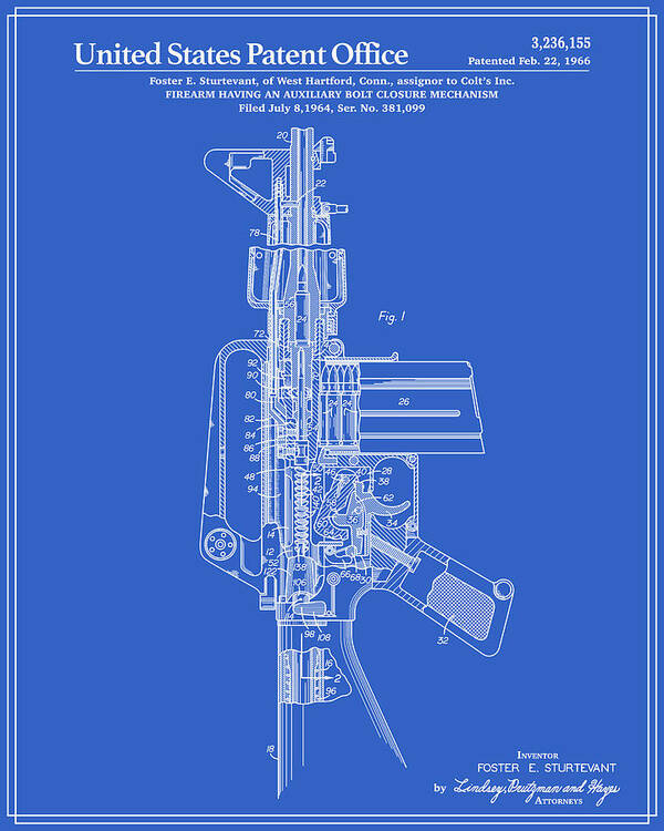Ar 15 Semi Automatic Rifle Patent Blueprint Art Print By Finlay Mcnevin