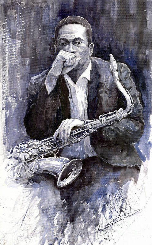 Jazz Art Print featuring the painting Jazz Saxophonist John Coltrane black by Yuriy Shevchuk