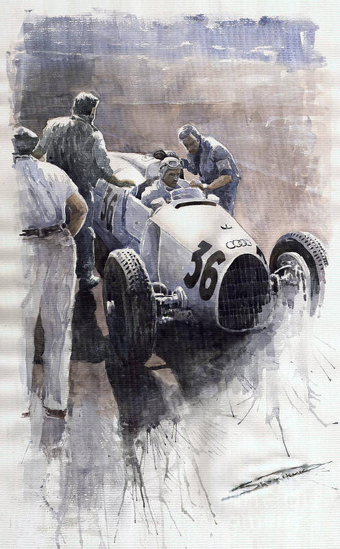 Auto Art Print featuring the painting Auto Union B type 1935 Italian GP Monza B Rosermeyer by Yuriy Shevchuk