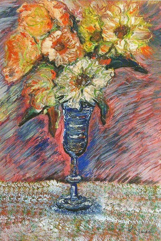 Flowers Wine Glass Vase Daisy Pastel Original Art Art Print featuring the pastel Flowers in Wine Glass by Katt Yanda
