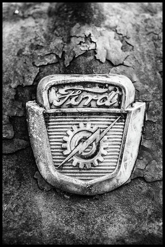 Ford Emblem Art Print featuring the photograph Ford Emblem On A Rusted Hood Verticle by Matthew Pace