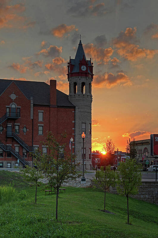 Stoughton Wi Opera House Architecture Historic Clock Tower Vertical Green Blue Yellow Art Print featuring the photograph Stoughton Opera House Clock Tower at Sunset by Peter Herman