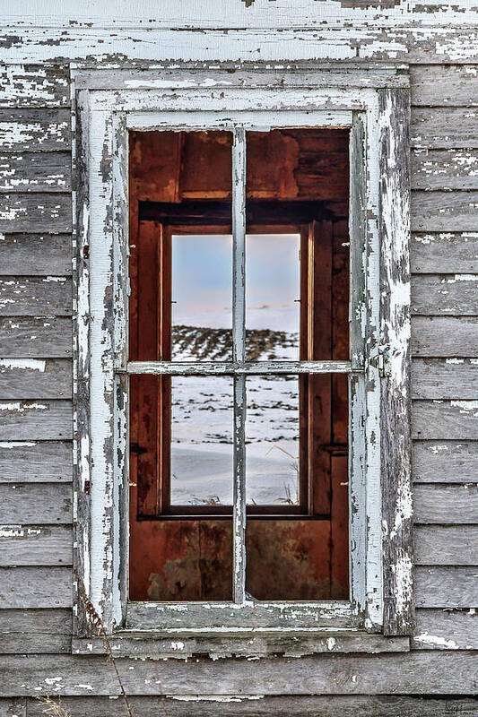 Window Abandoned Schoolhouse Nd North Dakota Vertical White Winter Snow One Room Schoolhouse Lake Ibsen Brinsmade Nd Art Print featuring the photograph Windows Into the Past - Lake Ibsen ND abandoned one room schoolhouse near Brinsmade ND by Peter Herman