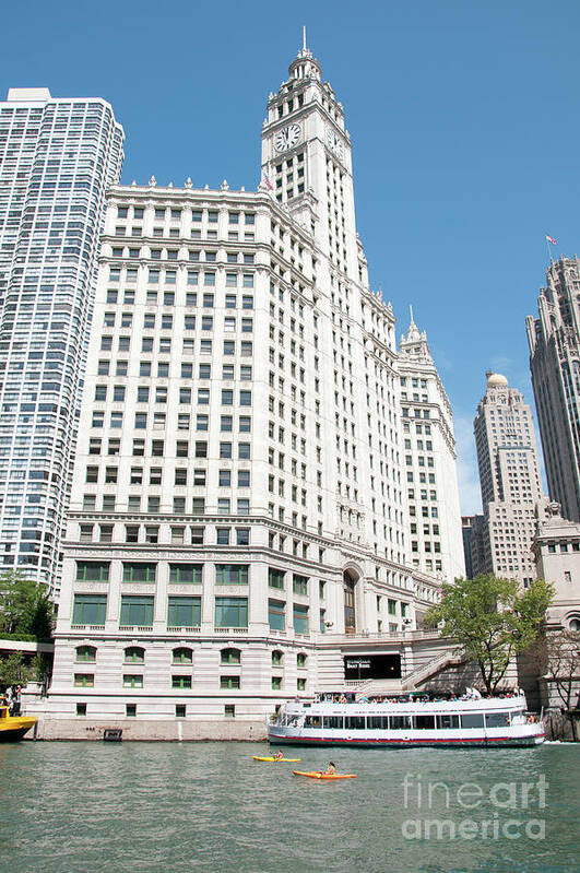 Boats Art Print featuring the photograph Wrigley Building Overlooking the Chicago River by David Levin