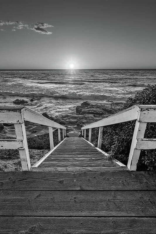 Beach Art Art Print featuring the photograph Steps to the Sun Black and White by Peter Tellone
