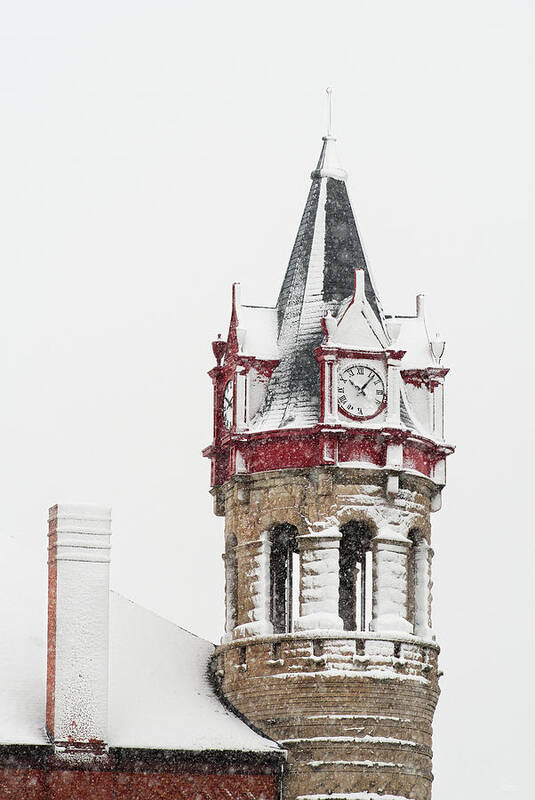 Stoughton Art Print featuring the photograph 100 percent Chance of Snow at 10AM -  - Stoughton Opera House clock tower in snowstorm by Peter Herman