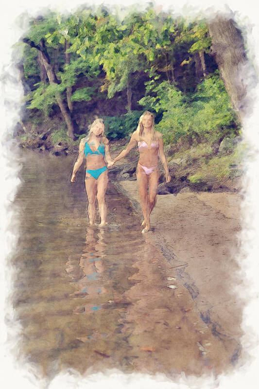 Two Art Print featuring the photograph Two Beautiful young ladies walking along shoreline in swim suits paintography by Dan Friend