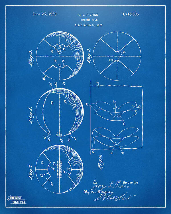 Basketball Art Print featuring the digital art 1929 Basketball Patent Artwork - Blueprint by Nikki Marie Smith