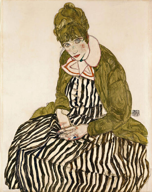 Egon Schiele Art Print featuring the drawing Edith with Striped Dress Sitting #4 by Egon Schiele