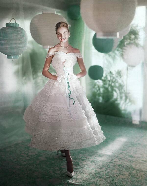 Indoors Art Print featuring the photograph Model Wearing White Dress #1 by Horst P. Horst