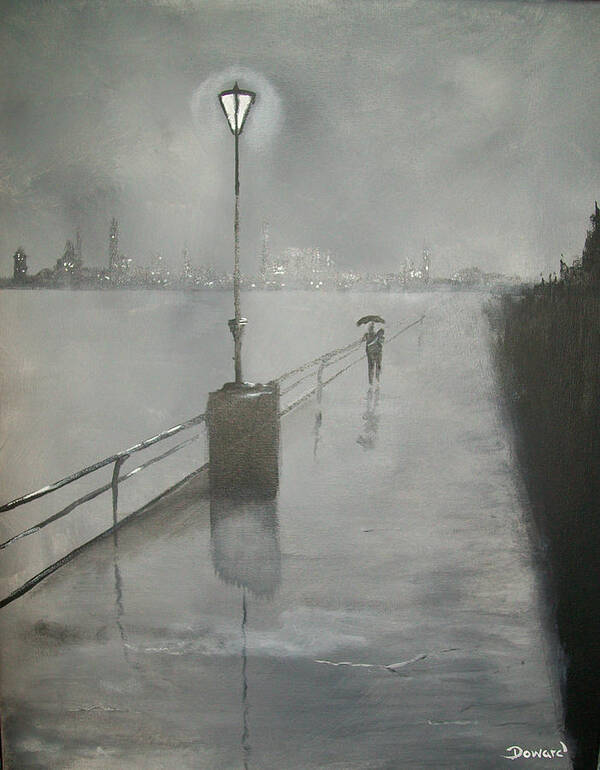 Cityscape Art Print featuring the painting Romantic walk in the rain #1 by Raymond Doward