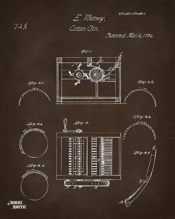 Eli Whitney Art Print featuring the digital art 1794 Eli Whitney Cotton Gin Patent Espresso by Nikki Marie Smith