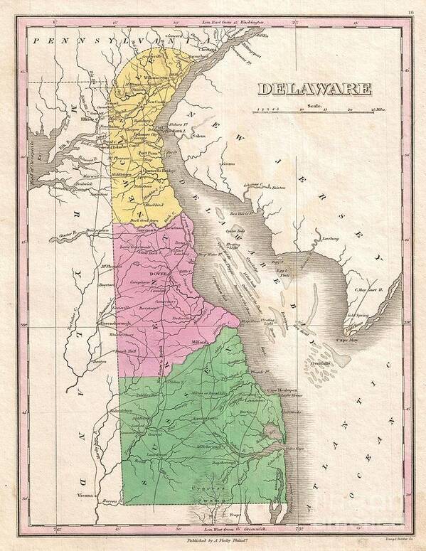 A Beautiful Example Of Finley's Important 1827 Map Of Delaware. This Rare Map Plate Configuration Depicts The State Individually Rather Than Bundled With Maryland - As Is More Common. Depicts The State With Moderate Detail In Finley's Classic Minimalist Style. Shows River Ways Art Print featuring the photograph 1827 Finley Map of Delaware by Paul Fearn