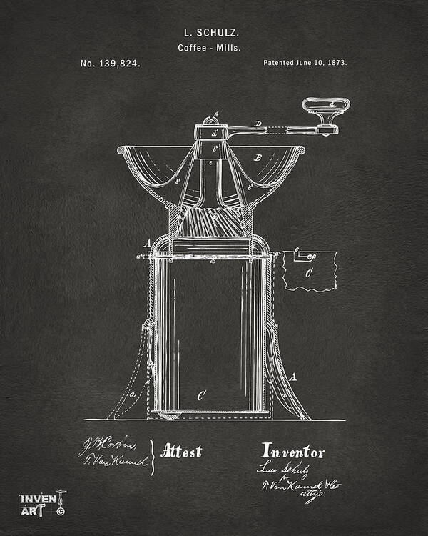 Coffee Art Print featuring the digital art 1873 Coffee Mills Patent Artwork Gray by Nikki Marie Smith