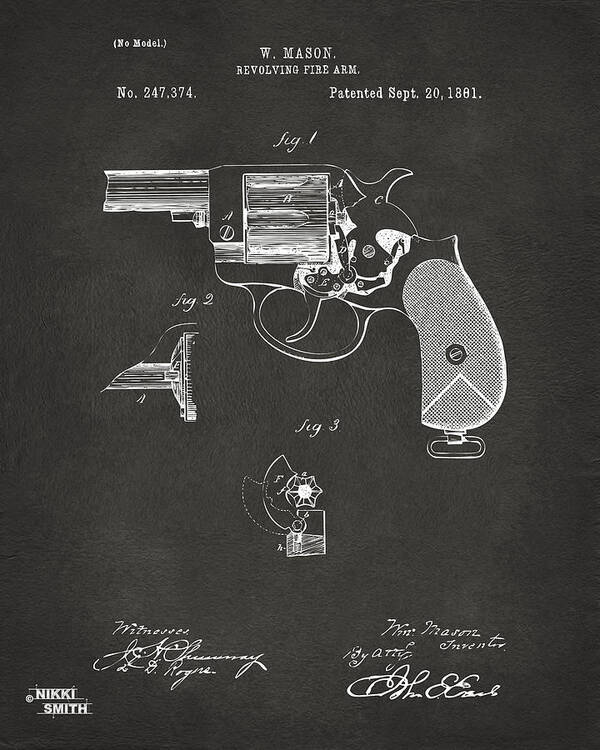 Mason Art Print featuring the digital art 1881 Mason Colt Revolving Fire Arm Patent Artwork - Gray by Nikki Marie Smith