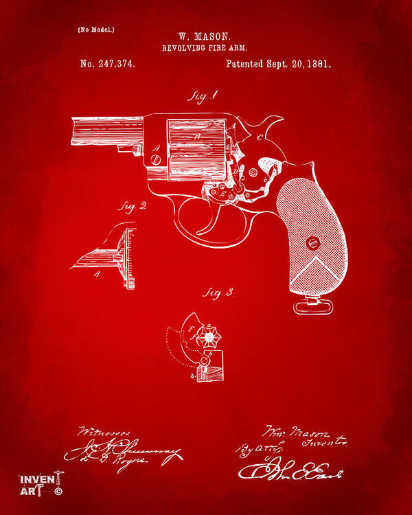 Colt Art Print featuring the digital art 1881 Mason Revolving Fire Arm Patent Artwork Red by Nikki Marie Smith